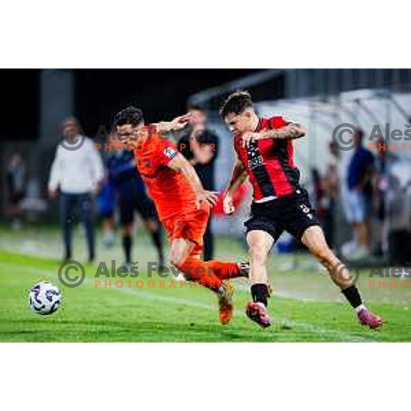 Juan Nieto and Maj Fogec in action during Prva liga Telemach 2025/2026 football match between Primorje and Celje in Ajdovscina, Slovenia on September 21, 2025