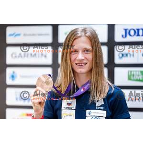 Tina Sutej, bronze medalist in Women’s Pole Vault at Tokyo World Athletics Championships during press conference in Ljubljana, Slovenia on September 24, 2025
