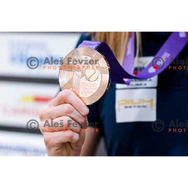 Tina Sutej, bronze medalist in Women’s Pole Vault at Tokyo World Athletics Championships during press conference in Ljubljana, Slovenia on September 24, 2025