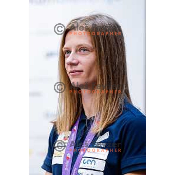 Tina Sutej, bronze medalist in Women’s Pole Vault at Tokyo World Athletics Championships during press conference in Ljubljana, Slovenia on September 24, 2025