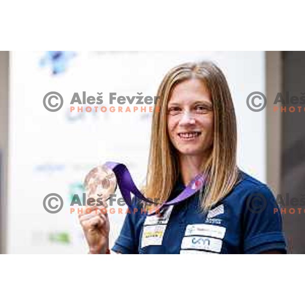 Tina Sutej, bronze medalist in Women’s Pole Vault at Tokyo World Athletics Championships during press conference in Ljubljana, Slovenia on September 24, 2025