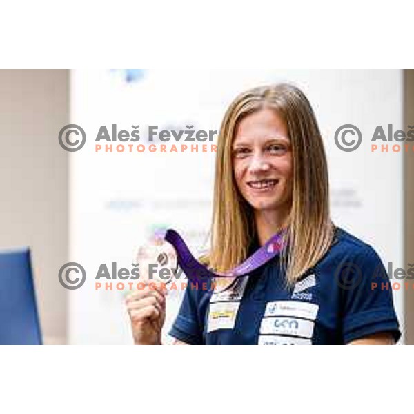 Tina Sutej, bronze medalist in Women’s Pole Vault at Tokyo World Athletics Championships during press conference in Ljubljana, Slovenia on September 24, 2025