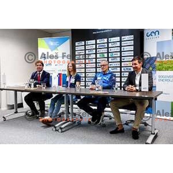 Tina Sutej, bronze medalist in Women’s Pole Vault at Tokyo World Athletics Championships, her coach Milan Kranjc and Nejc Jerasa during press conference in Ljubljana, Slovenia on September 24, 2025