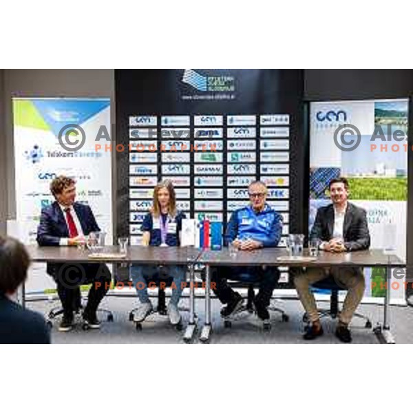 Tina Sutej, bronze medalist in Women’s Pole Vault at Tokyo World Athletics Championships, her coach Milan Kranjc and Nejc Jerasa during press conference in Ljubljana, Slovenia on September 24, 2025