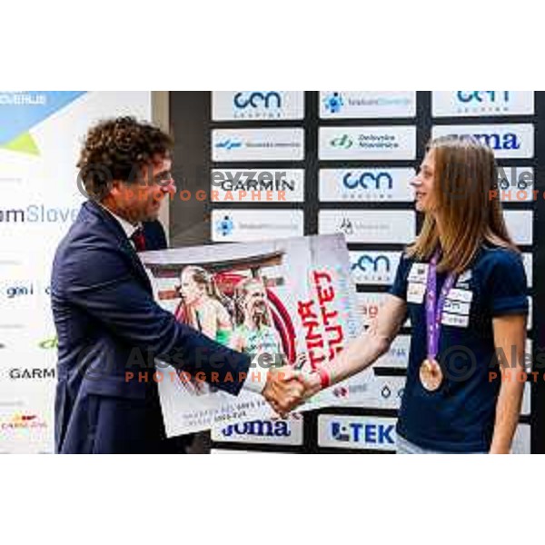 Tina Sutej, bronze medalist in Women’s Pole Vault at Tokyo World Athletics Championships during press conference in Ljubljana, Slovenia on September 24, 2025