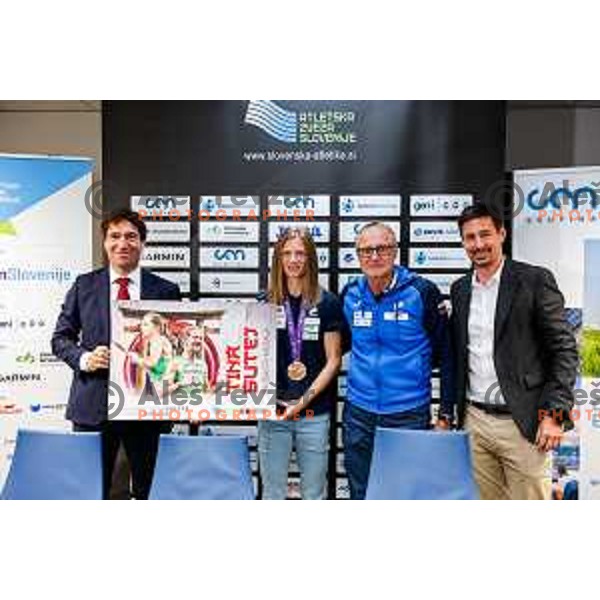 Tina Sutej, bronze medalist in Women’s Pole Vault at Tokyo World Athletics Championships, her coach Milan Kranjc and Nejc Jerasa during press conference in Ljubljana, Slovenia on September 24, 2025