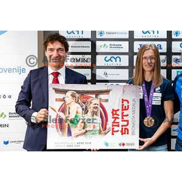 Tina Sutej, bronze medalist in Women’s Pole Vault at Tokyo World Athletics Championships during press conference in Ljubljana, Slovenia on September 24, 2025