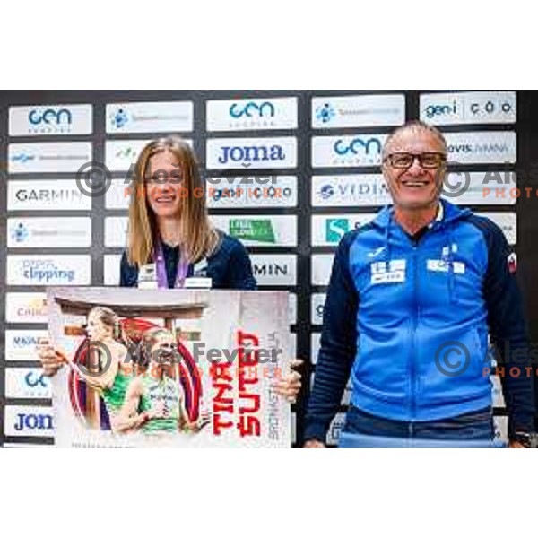 Tina Sutej, bronze medalist in Women’s Pole Vault at Tokyo World Athletics Championships and her coach Milan Kranjc during press conference in Ljubljana, Slovenia on September 24, 2025