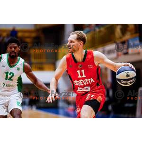 in action during Slovenian basketball SuperCup between Cedevita Olimpija and Krka in Polzela, Slovenia on September 24, 2025