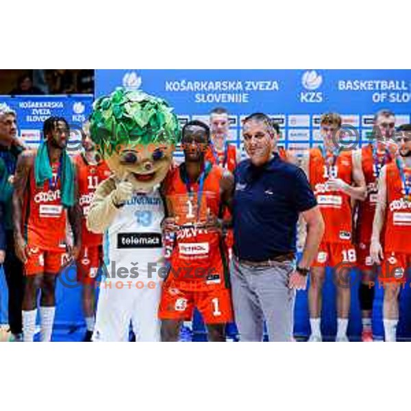 in action during Slovenian basketball SuperCup between Cedevita Olimpija and Krka in Polzela, Slovenia on September 24, 2025
