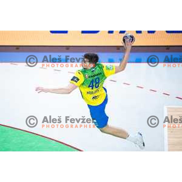 Lucijan Korosec in action during 1.NLB handball match between RK Celje Pivovarna Lasko and LL Grosist Slovan in Dvorana Zlatorog, Celje, Slovenia on September 26, 2025. Photo: Jure Banfi