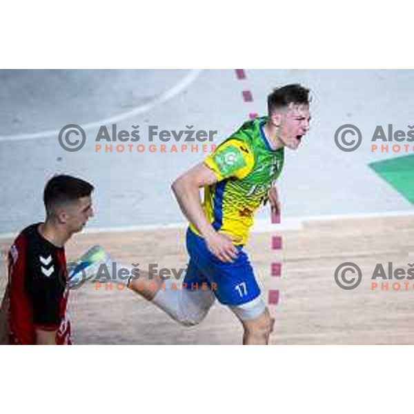 Aljus Anzic celebrates during 1.NLB handball match between RK Celje Pivovarna Lasko and LL Grosist Slovan in Dvorana Zlatorog, Celje, Slovenia on September 26, 2025. Photo: Jure Banfi