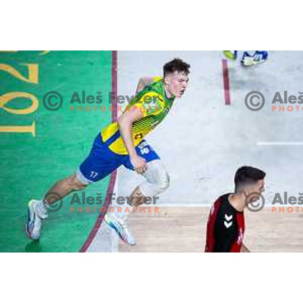 Aljus Anzic celebrates during 1.NLB handball match between RK Celje Pivovarna Lasko and LL Grosist Slovan in Dvorana Zlatorog, Celje, Slovenia on September 26, 2025. Photo: Jure Banfi