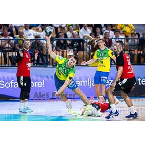 Lucijan Korosec in action during 1.NLB handball match between RK Celje Pivovarna Lasko and LL Grosist Slovan in Dvorana Zlatorog, Celje, Slovenia on September 26, 2025. Photo: Jure Banfi