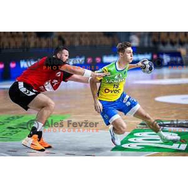 Ilija Brozovic vs Mai Marguc in action during 1.NLB handball match between RK Celje Pivovarna Lasko and LL Grosist Slovan in Dvorana Zlatorog, Celje, Slovenia on September 26, 2025. Photo: Jure Banfi