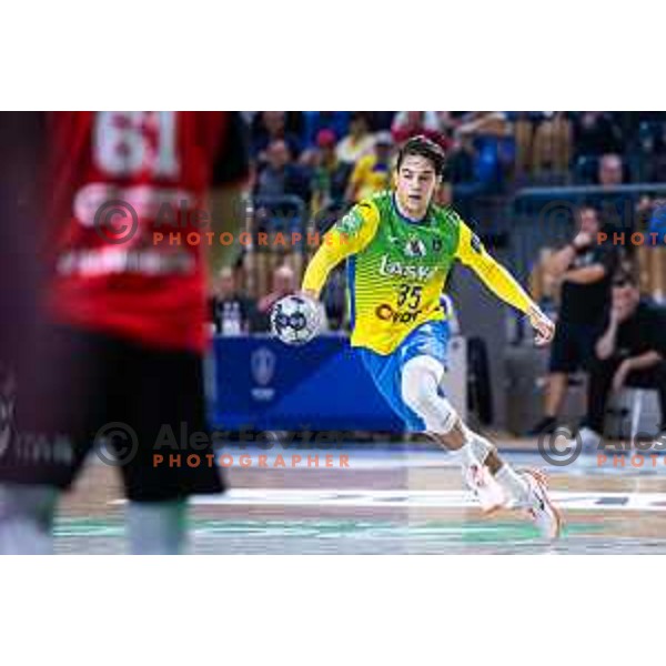 Andraz Makuc in action during 1.NLB handball match between RK Celje Pivovarna Lasko and LL Grosist Slovan in Dvorana Zlatorog, Celje, Slovenia on September 26, 2025. Photo: Jure Banfi