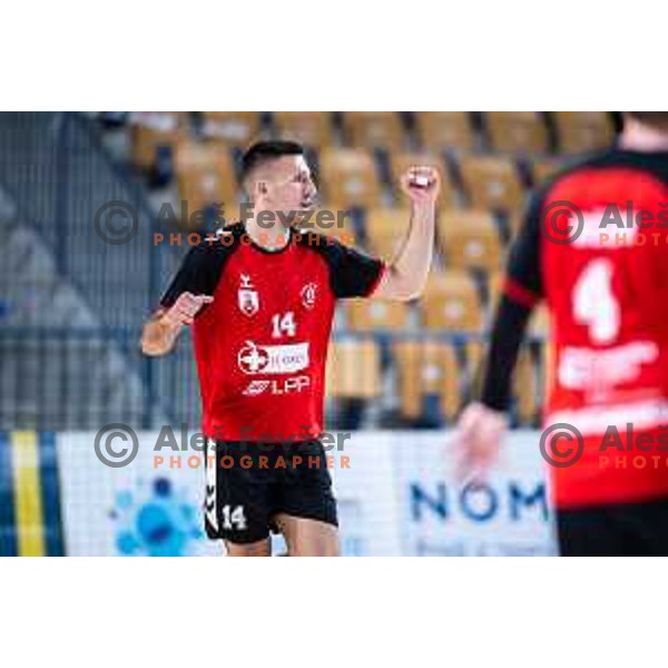 Leon Ljevar celebrates during 1.NLB handball match between RK Celje Pivovarna Lasko and LL Grosist Slovan in Dvorana Zlatorog, Celje, Slovenia on September 26, 2025. Photo: Jure Banfi