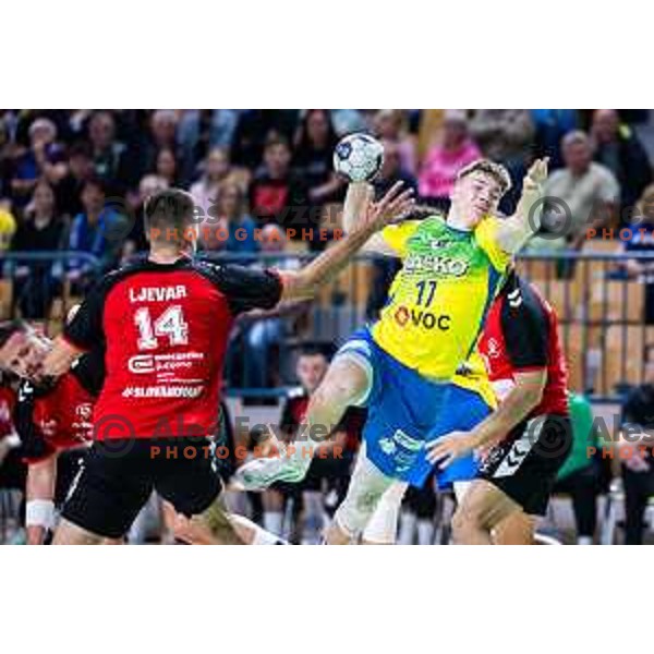 Aljus Anzic in action during 1.NLB handball match between RK Celje Pivovarna Lasko and LL Grosist Slovan in Dvorana Zlatorog, Celje, Slovenia on September 26, 2025. Photo: Jure Banfi