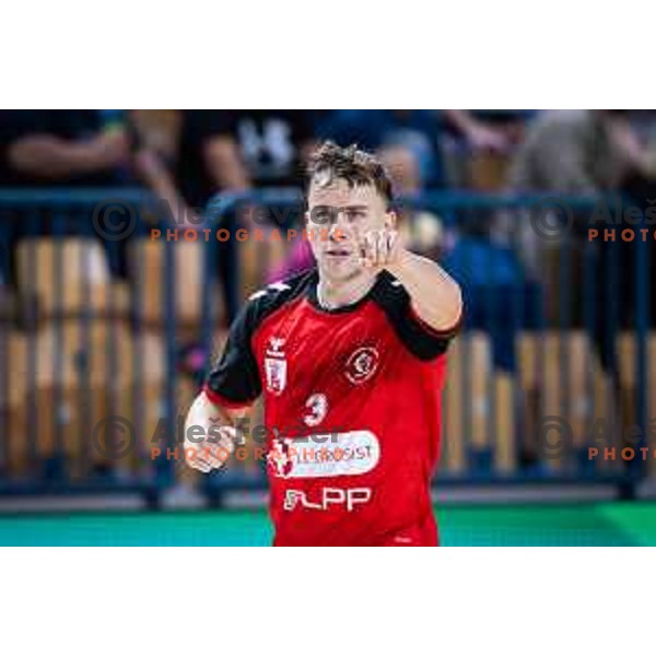 Stas Slatinek Jovicic celebrates during 1.NLB handball match between RK Celje Pivovarna Lasko and LL Grosist Slovan in Dvorana Zlatorog, Celje, Slovenia on September 26, 2025. Photo: Jure Banfi