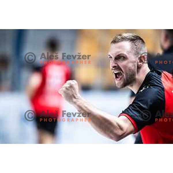 Gal Marguc celebrates during 1.NLB handball match between RK Celje Pivovarna Lasko and LL Grosist Slovan in Dvorana Zlatorog, Celje, Slovenia on September 26, 2025. Photo: Jure Banfi