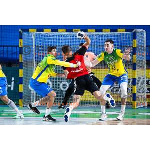 Oleksander Onufriienko and Uros Milicevic in action during 1.NLB handball match between RK Celje Pivovarna Lasko and LL Grosist Slovan in Dvorana Zlatorog, Celje, Slovenia on September 26, 2025. Photo: Jure Banfi