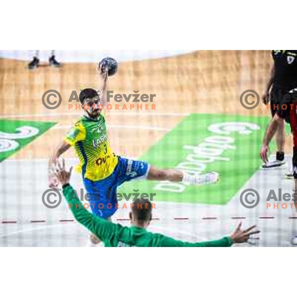 Luka Peric in action during 1.NLB handball match between RK Celje Pivovarna Lasko and LL Grosist Slovan in Dvorana Zlatorog, Celje, Slovenia on September 26, 2025. Photo: Jure Banfi
