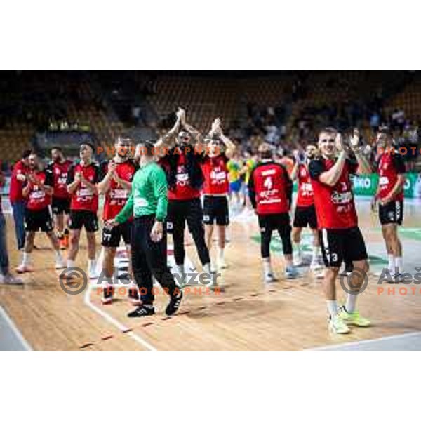 Stas Slatinek Jovicic and other players celebrates after 1.NLB handball match between RK Celje Pivovarna Lasko and LL Grosist Slovan in Dvorana Zlatorog, Celje, Slovenia on September 26, 2025. Photo: Jure Banfi