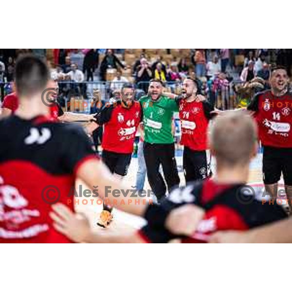 Ilija Brozovic, Nebojsa Bojic and Bruno Vili Zobec celebrates after 1.NLB handball match between RK Celje Pivovarna Lasko and LL Grosist Slovan in Dvorana Zlatorog, Celje, Slovenia on September 26, 2025. Photo: Jure Banfi