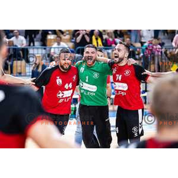 Ilija Brozovic, Nebojsa Bojic and Bruno Vili Zobec celebrates after 1.NLB handball match between RK Celje Pivovarna Lasko and LL Grosist Slovan in Dvorana Zlatorog, Celje, Slovenia on September 26, 2025. Photo: Jure Banfi