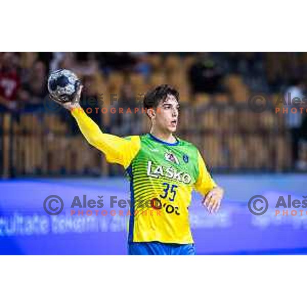 Andraz Makuc in action during 1.NLB handball match between RK Celje Pivovarna Lasko and LL Grosist Slovan in Dvorana Zlatorog, Celje, Slovenia on September 26, 2025. Photo: Jure Banfi