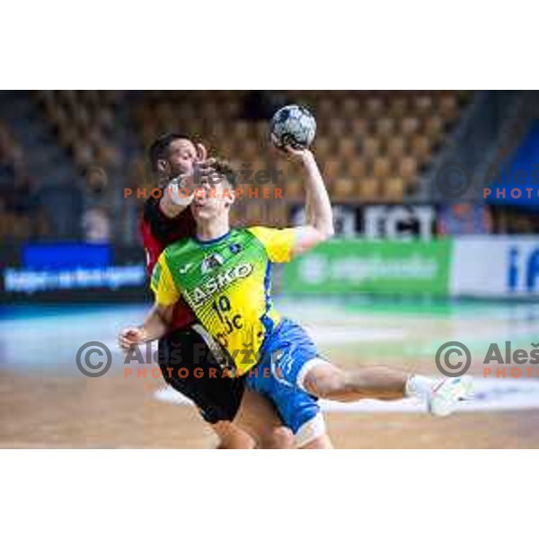 Ilija Brozovic vs Mai Marguc in action during 1.NLB handball match between RK Celje Pivovarna Lasko and LL Grosist Slovan in Dvorana Zlatorog, Celje, Slovenia on September 26, 2025. Photo: Jure Banfi