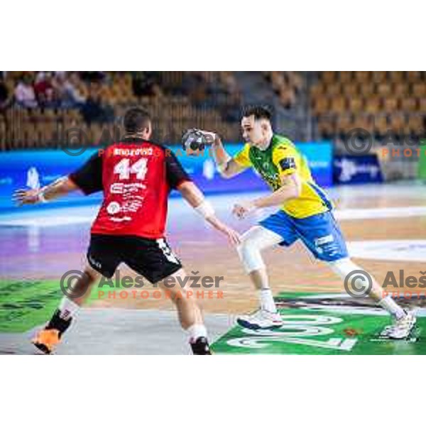 Uros Milicevic in action during 1.NLB handball match between RK Celje Pivovarna Lasko and LL Grosist Slovan in Dvorana Zlatorog, Celje, Slovenia on September 26, 2025. Photo: Jure Banfi