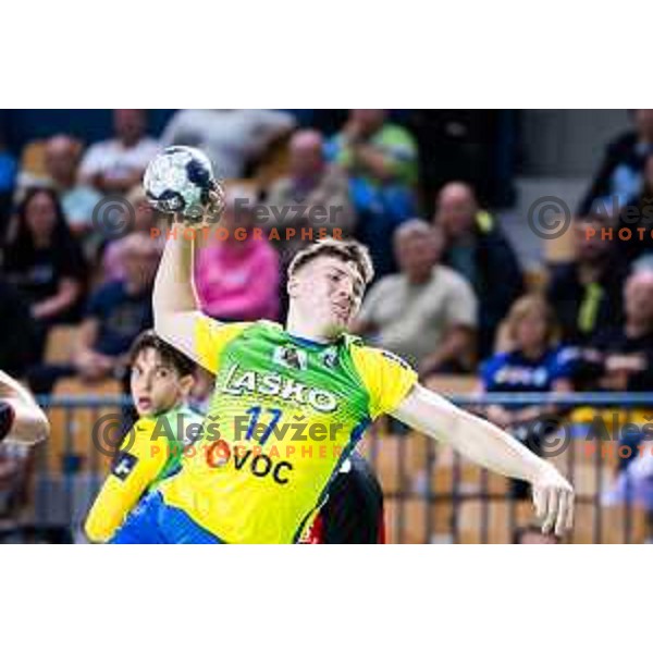 Aljus Anzic in action during 1.NLB handball match between RK Celje Pivovarna Lasko and LL Grosist Slovan in Dvorana Zlatorog, Celje, Slovenia on September 26, 2025. Photo: Jure Banfi