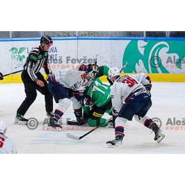 Nathan Halbert during IceHL 2025/2026 ice-hockey match between SZ Olimpija and Hydro Fehervar in Tivoli Hall, Ljubljana, Slovenia on September 28, 2025