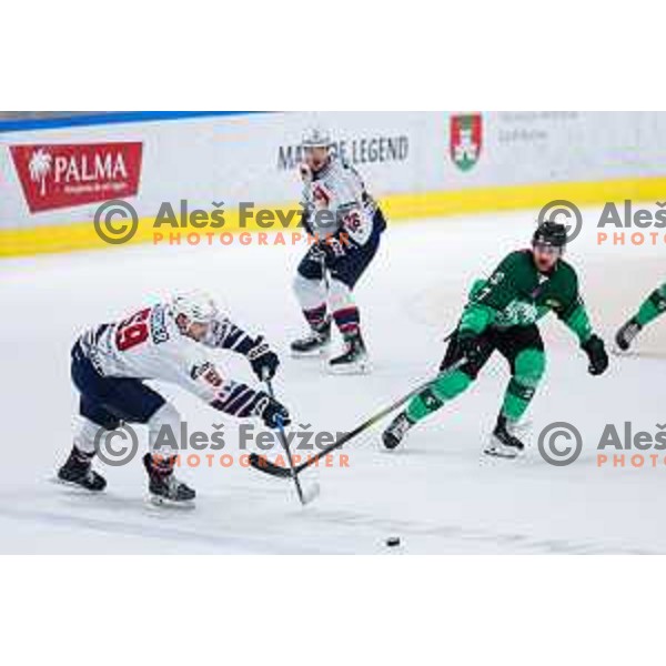 in action during IceHL 2025/2026 ice-hockey match between SZ Olimpija and Hydro Fehervar in Tivoli Hall, Ljubljana, Slovenia on September 28, 2025