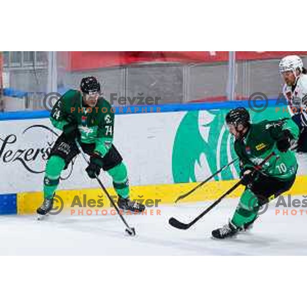 Nathan Halbert during IceHL 2025/2026 ice-hockey match between SZ Olimpija and Hydro Fehervar in Tivoli Hall, Ljubljana, Slovenia on September 28, 2025