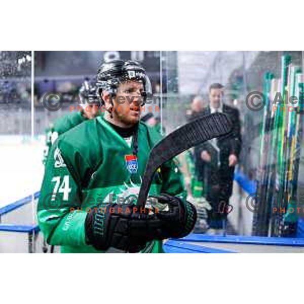 Nathan Halbert during IceHL 2025/2026 ice-hockey match between SZ Olimpija and Hydro Fehervar in Tivoli Hall, Ljubljana, Slovenia on September 28, 2025