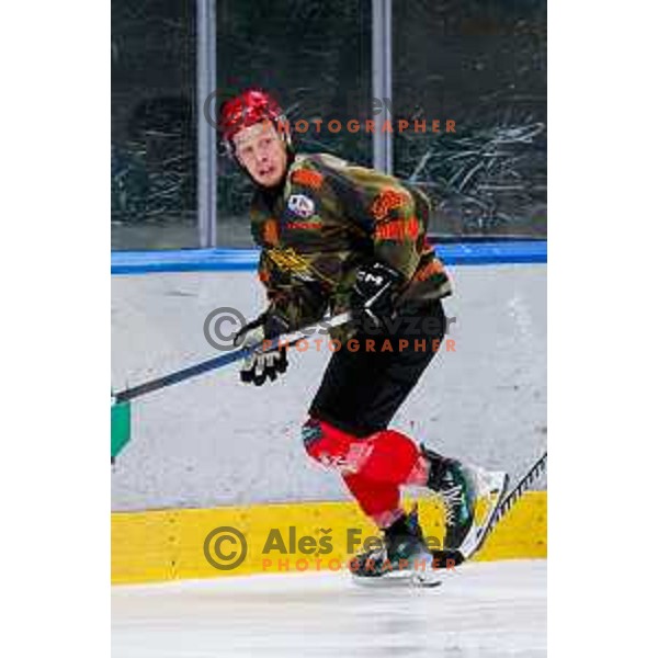 Blaz Tomazevic in action during Slovenian Ice-Hockey Championship match between SZ Olimpija and Jesenice in Tivoli Hall, Ljubljana, Slovenia on. September 30, 2025
