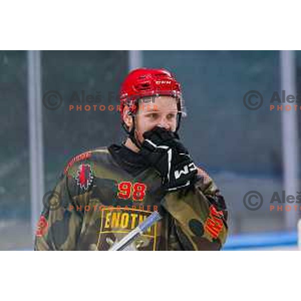 Blaz Tomazevic in action during Slovenian Ice-Hockey Championship match between SZ Olimpija and Jesenice in Tivoli Hall, Ljubljana, Slovenia on. September 30, 2025