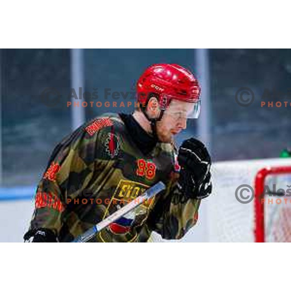Blaz Tomazevic in action during Slovenian Ice-Hockey Championship match between SZ Olimpija and Jesenice in Tivoli Hall, Ljubljana, Slovenia on. September 30, 2025