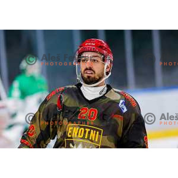 Gregor Koblar in action during Slovenian Ice-Hockey Championship match between SZ Olimpija and Jesenice in Tivoli Hall, Ljubljana, Slovenia on. September 30, 2025