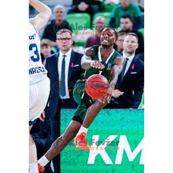Umoja Gibson in action during BKT EuroCup 2025-2026 basketball match between Cedevita Olimpija (SLO) and Baxi Manresa (ESP) in SRC Stozice, Ljubljana, Slovenia on October 1, 2025