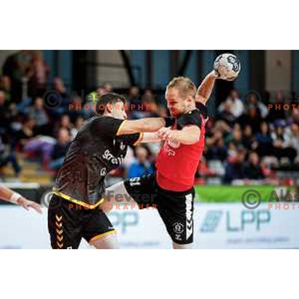 Stas Skube of RD LL Grosist Slovan in action during 1.NLB handball match between LL Grosist Slovan and RK Gorenje Velenje in Kodeljevo Hall, Ljubljana, Slovenia on October 1st, 2025.
