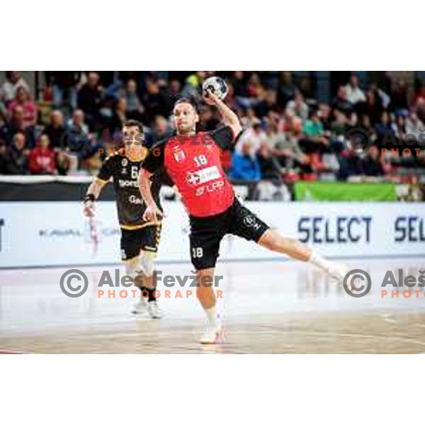 Gal Marguc of RD LL Grosist Slovan in action during 1.NLB handball match between LL Grosist Slovan and RK Gorenje Velenje in Kodeljevo Hall, Ljubljana, Slovenia on October 1st, 2025.