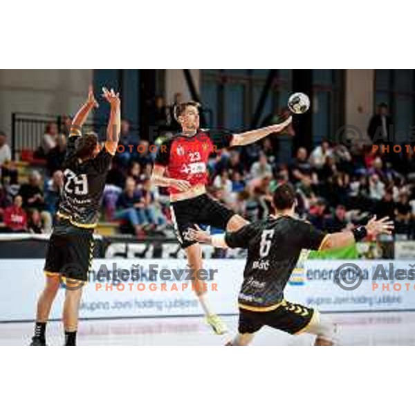 Tadej Kljun of RD LL Grosist Slovan in action during 1.NLB handball match between LL Grosist Slovan and RK Gorenje Velenje in Kodeljevo Hall, Ljubljana, Slovenia on October 1st, 2025.