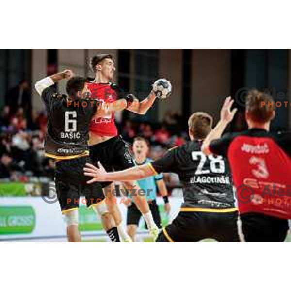 Tadej Kljun of RD LL Grosist Slovan in action during 1.NLB handball match between LL Grosist Slovan and RK Gorenje Velenje in Kodeljevo Hall, Ljubljana, Slovenia on October 1st, 2025.
