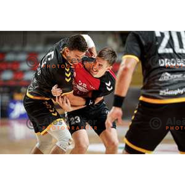 Tadej Kljun of RD LL Grosist Slovan in action during 1.NLB handball match between LL Grosist Slovan and RK Gorenje Velenje in Kodeljevo Hall, Ljubljana, Slovenia on October 1st, 2025.