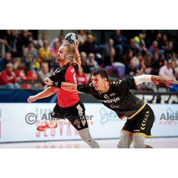 Stas Skube of RD LL Grosist Slovan in action during 1.NLB handball match between LL Grosist Slovan and RK Gorenje Velenje in Kodeljevo Hall, Ljubljana, Slovenia on October 1st, 2025.