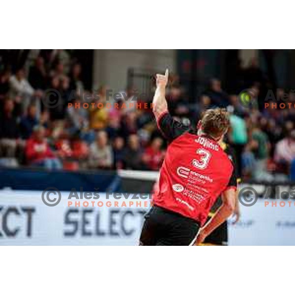 Stas Slatinek Jovicic of RD LL Grosist Slovan in action during 1.NLB handball match between LL Grosist Slovan and RK Gorenje Velenje in Kodeljevo Hall, Ljubljana, Slovenia on October 1st, 2025.