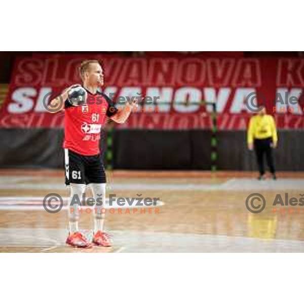 Stas Skube of RD LL Grosist Slovan in action during 1.NLB handball match between LL Grosist Slovan and RK Gorenje Velenje in Kodeljevo Hall, Ljubljana, Slovenia on October 1st, 2025.